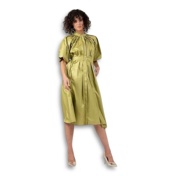 Wolf & Badger Bluzat Olive Green Crepe Midi Dress w/ Raglan Puff Sleeves NWT - Picture 8 of 15